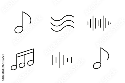Sonic Vacancy Charms. Line vector icons of sonic vacancy charms: minimalist note outlines, thin-tone voids, hollow music waves,