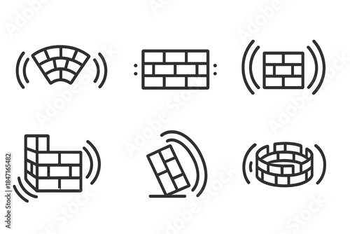 Pulsating Wall Icons. Line vector icons of beating wall pivots: vibrating brick arcs, pulsating barrier points, rhythmic block