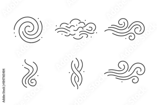Hushed Dust Icons. Line vector icons of hushed dust combinations: faint sand spirals, light powder merges, tender grain flows,