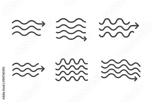 Vibrant Watercourse Rhythms. Line vector icons of directed watercourse vibrations: rhythmic flow outlines, vibrating river lines,