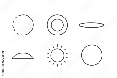 Tranquil Glowing Lines. Line vector icons of tranquil perimeter glows: dim circular paths, resting light rings, soft field edges,