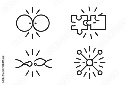 Energetic Fusion Icons. Line vector icons of energetic merging fragments: charged fusion points, glowing composite joints, vibrant