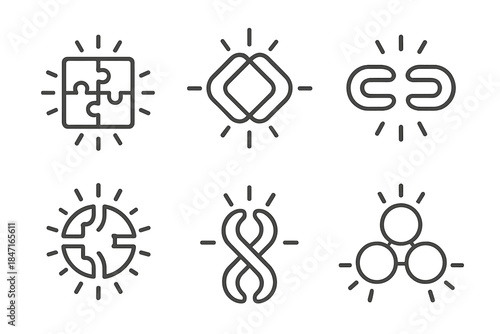 Radiant Geometric Designs. Line vector icons of radiant interlocking designs: luminous connection pieces, glowing geometric merges