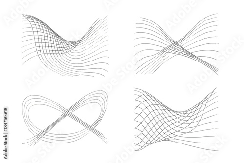 Kinetic Mesh Patterns. Line vector icons of a mobile essence in a woven structure: flowing mesh lines, moving central paths,