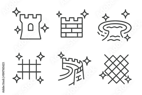 Glittering Defensive Icons. Line vector icons of a glittering defensive design: radiant fortress lines, glowing wall outlines,