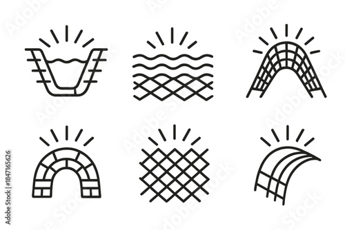 Radiant Protective Channels. Line vector icons of bright protective channels: radiant ditch outlines, glowing water lines,