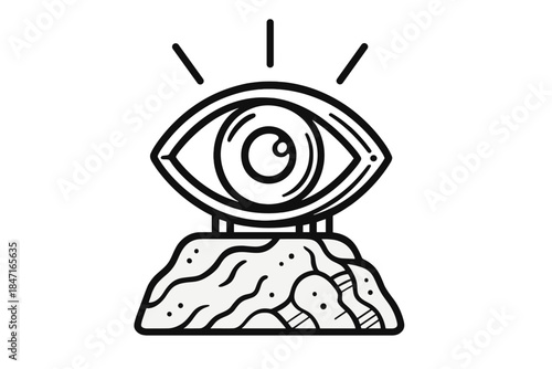 Metallic Sight Icons. Line vector icons of a metallic sight on a stone protrusion: reflective rock eyes, shining metal arcs,
