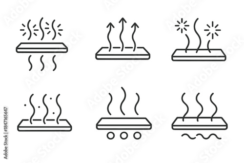Heat Currents Icons. Line vector icons of a hot wind shelf with multiple choices: glowing heat currents, radiant air shelves, wavy