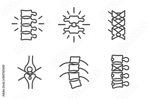 Abstract Spine Connectors. Line vector icons of a cryptic spine joint: segmented backbone lines, radiant vertebra connectors,