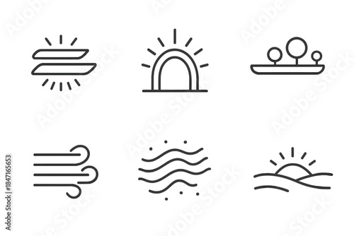 Luminous Air Platforms. Line vector icons of luminous air platforms: radiant breeze shelves, structured airflow arcs, glowing