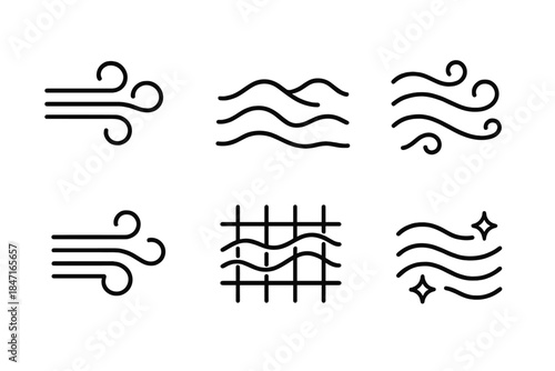 Harmonic Wind Patterns. Line vector icons of harmonic wind ledges: oscillating airflow outlines, soft sand arcs, rhythmic breeze
