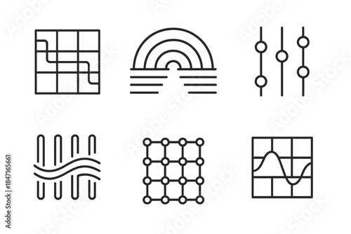 Geometric Tuning Icons. Line vector icons of geometric tuning systems: modular grid paths, structured groove arcs, patterned