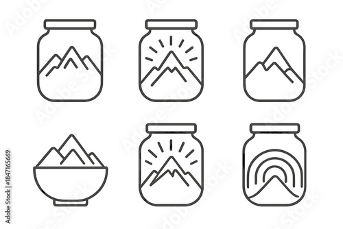 Radiant Mountain Containers. Line vector icons of a mountainous container that leads: ridge-shaped pots, glowing vessel outlines,