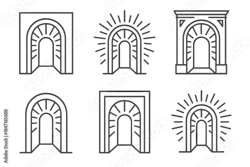 Luminous Gateway Icons. Line vector icons of an embedded entrance to understanding: recessed portal outlines, glowing knowledge