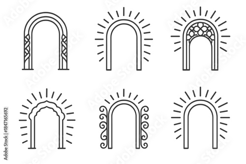Ornate Gateway Arcs. Line vector icons of a decorative opening for insight: ornate gateway arcs, patterned entry outlines, radiant