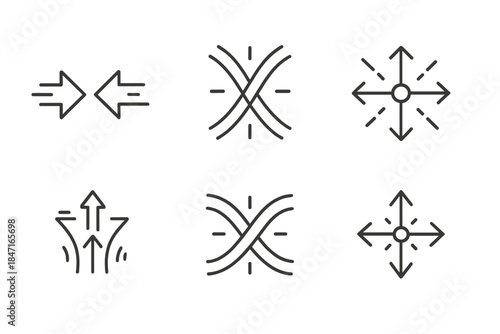 Dynamic Route Convergence. Line vector icons of a shoving passage convergence: forceful route junctions, energetic motion lines,