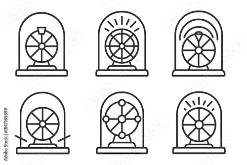 Dynamic Fortune Stand. Line vector icons of a dynamic stand of fortune: oscillating display outlines, radiant fate paths, glowing