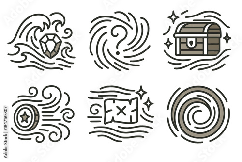 Turbulent Discovery Icons. Line style icons of turbulent discovery frontier: split waves surrounding mysterious finds, air