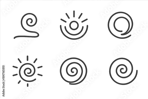 Divine Path Icons. Line style icons of divine momentum and focus: abstract swirl resembling sacred path, radiating arcs of