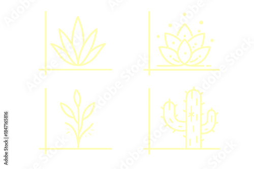 Glowing Drought-Resistant Icons. Line style icons of glowing drought-resistant plants on a chart: radiant agave within coordinates