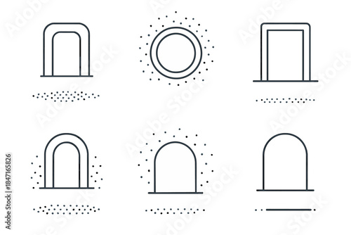 Floating Doorway Icons. Line style icons of a floating entrance with soft spots: gentle doorway hovering above ground, circular