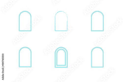 Luminous Gateway Icons. Line style icons of luminous floating gateways: glowing outline above shadow base, translucent pattern