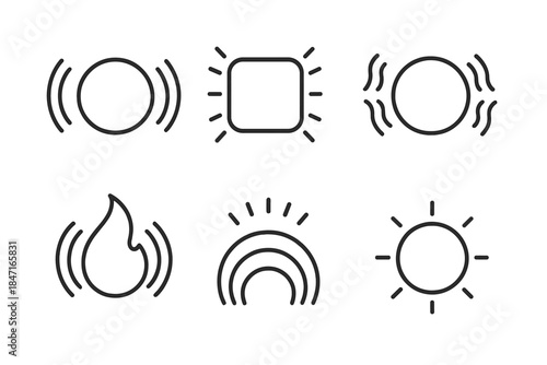 Radiant Geometry Harmony. Line style icons of radiant resonance geometry: luminous circle with echo lines, bright frame releasing
