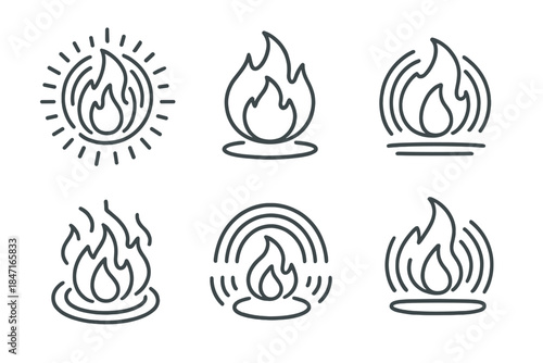 Radiant Flame Edge. Line style icons of a burning perimeter that answers back: radiant edge pulsating with feedback loops,