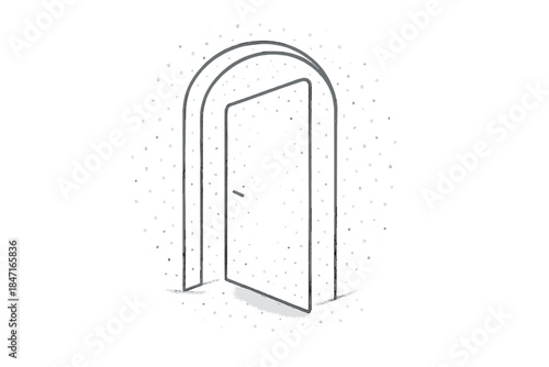 Floating Doorway Icons. Line style icons of a drifting doorway with mottled light: translucent frame with scattered illumination,