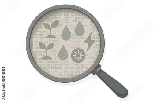 Nature Icons Fabric. a magnifying glass viewing a fabric weave filled with icons of plants, water droplets, and energy symbols,