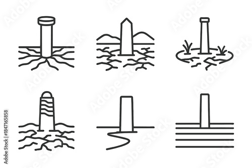 Drought Field Icons. Line style icons of drought field structures: pillar within patterned soil lines, dry landscape intersected