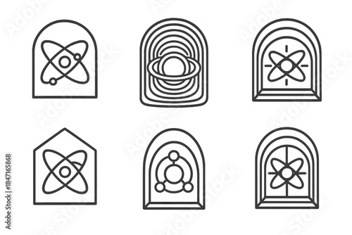 Galactic Node Icon. Line style icons of a galactic node in a protected alcove: orbiting lines around enclosed sphere, concentric