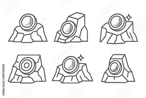 Metallic Sight Icons. Line style icons of a metallic sight on a stone protrusion: polished metal circle on rocky ridge, reflective
