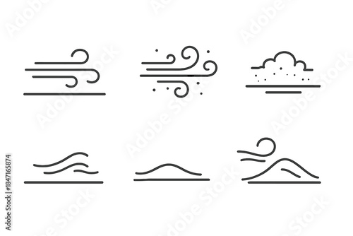 Dynamic Horizon Icons. Line style icons of horizon shelf in motion: narrow elevated strip crossed by wind paths, dynamic breeze