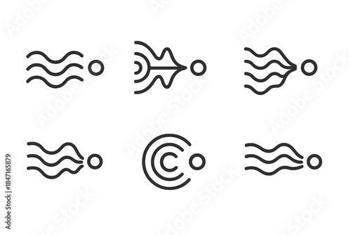 Vibrant Flow Convergence. Line style icons of a quivering flow finding its target: delicate waves pointing toward small circle,