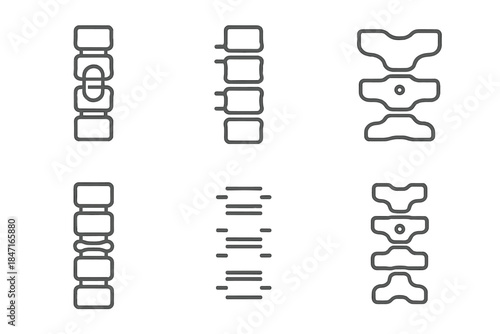 Abstract Spine Icons. Line style icons of a cryptic spine joint: segmented column joined by concealed link, linear ridge with