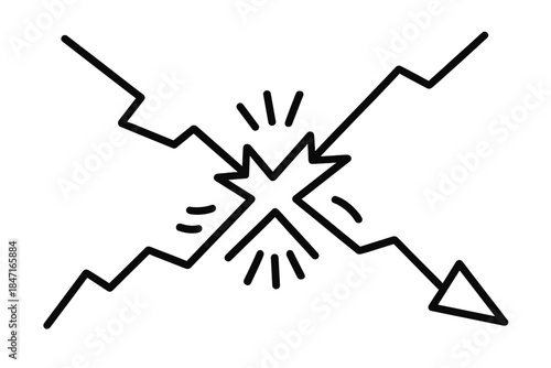 Dynamic Intersection Icons. Line style icons of a jolting journey connection: angular paths meeting with impact lines, bold