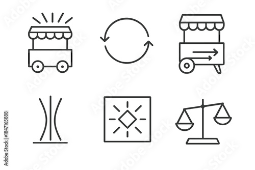Fateful Motion Icons. Line style icons of fateful motion designs: dynamic portable kiosk radiating paths, rotating lines