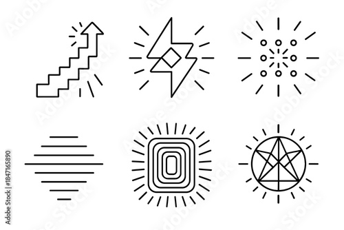 Luminous Kinetic Flow. Line style icons of ascending visual force: luminous composition gaining kinetic flow, abstract symmetry