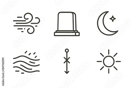 Arid Wind Symbols. Line style icons of arid wind burial: airflow swirls, rectangular tomb, celestial line, seasonal axis,