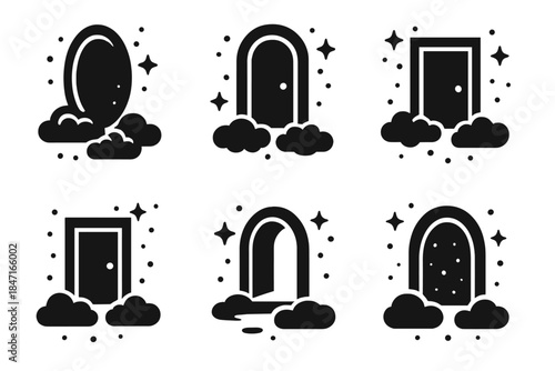 Mystical Entry Icons. Solid style icons of mystical entry motifs: suspended portal, drifting entrance, buoyant doorway, gliding