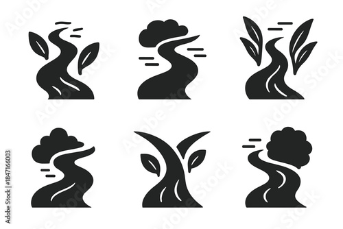 Calming Stream Icons. Solid style icons of calming stream networks: soft flow, downy stream, feathery current, plush movement,