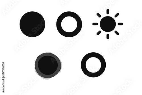 Serene Light Icons. Solid style icons of serene peripheral lights: quiet circle, muted ring, hushed radiance, still aura, silent