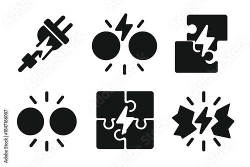 Electrified Connection Icons. Solid style icons of charged joining hubs: electrified connection, thunderous convergence,