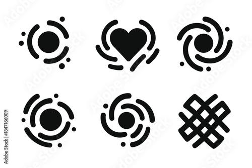 Abstract Kinetic Icons. Solid style icons of abstract kinetic centers: mobile core, active heart, moving nucleus, dynamic essence,