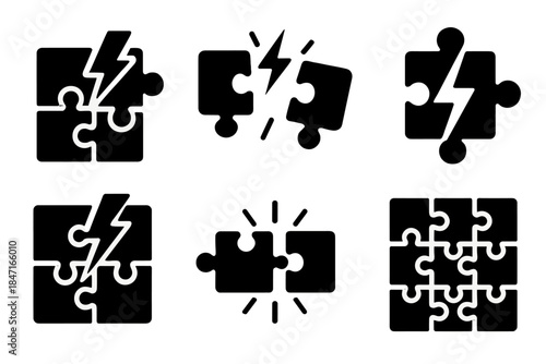 Vibrant Puzzle Icons. Solid style icons of vibrant puzzle motifs: startling fit, electrified fragments, interlocking parts, sudden