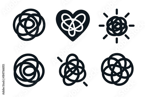 Entangled Energy Icons. Solid style icons of entangled energy centers: tangled core, kinetic heart, dynamic nucleus, moving center