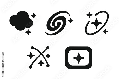 Astral Network Icons. Solid style icons of astral spatial hubs: cosmic cloud, galactic node, stellar point, celestial junction,