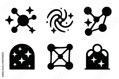 Cosmic Network Icons. Solid style icons of cosmic spatial networks: celestial node, galactic junction, stellar recess, cosmic