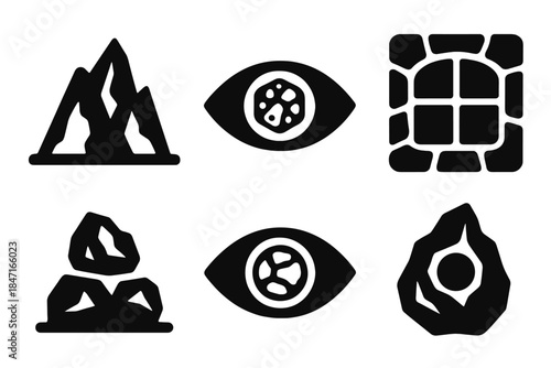 Geological Vision Icons. Solid style icons of barren field monuments: dry tower, arid pillar, parched structure, desiccated
